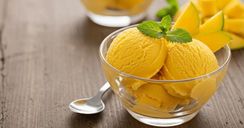 A creamy scoop of propitious mango ice cream in a bowl, garnished with mango slices and mint.
