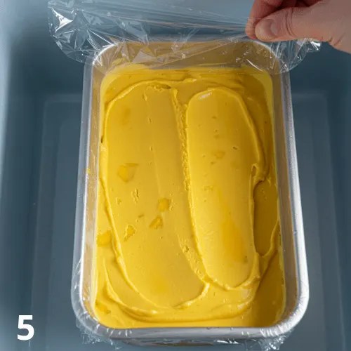 Homemade mango ice cream covered with plastic wrap to prevent ice crystals.