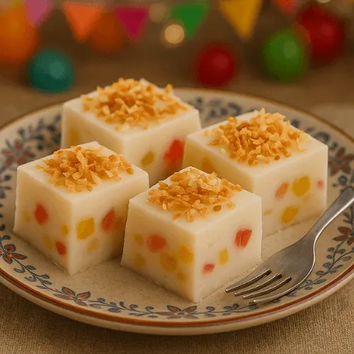 Creamy maja blanca coconut pudding topped with toasted coconut flakes and fruit cocktail pieces, cut into squares for a festive Filipino dessert.