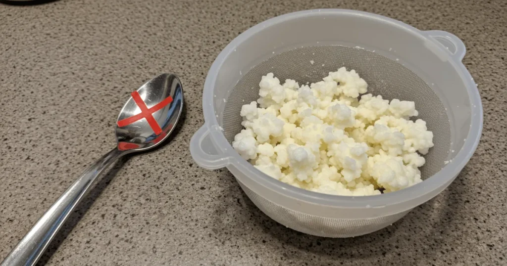 Raw kefir grains shown in a plastic strainer with a metal spoon beside it, highlighting a common brewing mistake.
