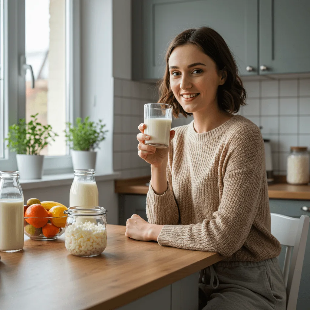 A woman drinking while sitting at a breakfast table