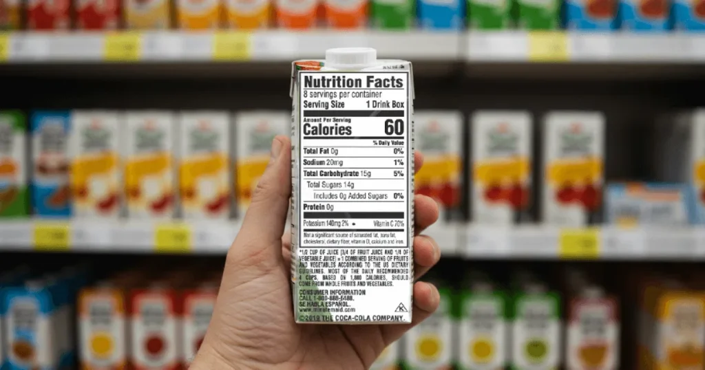 A parent examines a juice box label to decode complex ingredients and hidden sugars.