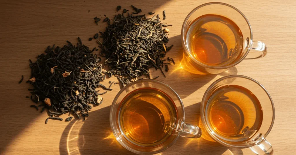 Close-up of black, green, and oolong tea leaves beside brewed tea, representing Ding Tea’s use of real tea bases.