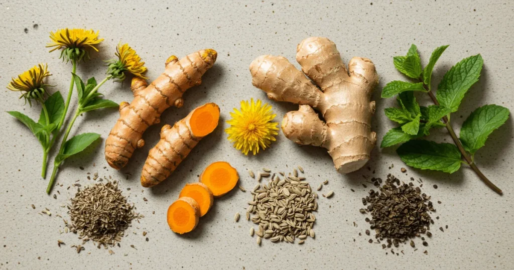 A flat lay of natural ingredients used in detox teas like ginger, turmeric, fennel, and peppermint.