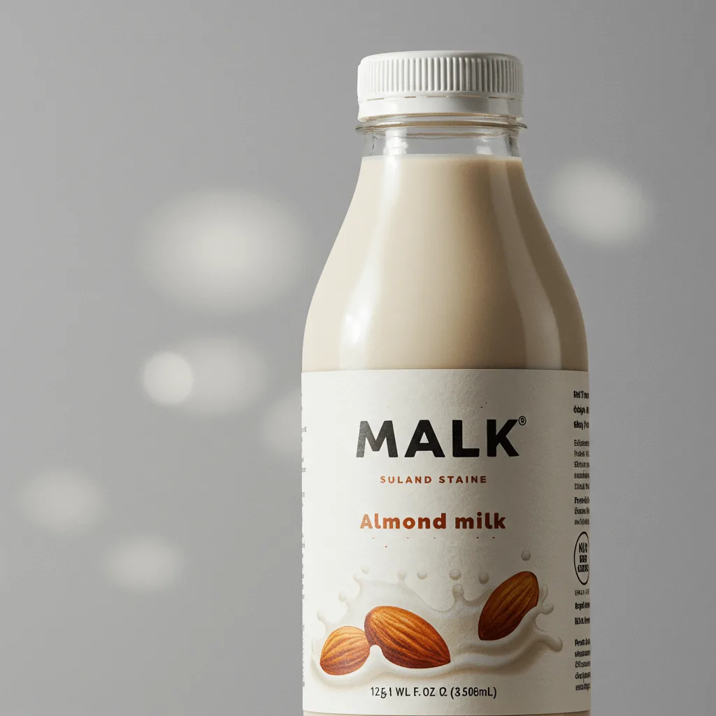 A bottle of MALK Almond Milk with a label highlighting its minimal ingredients