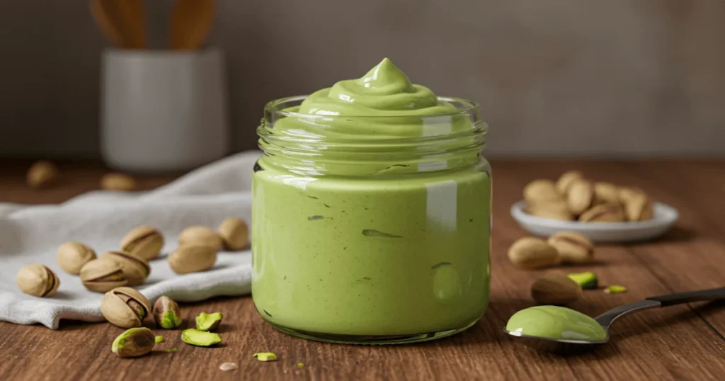 Creamy homemade pistachio cream in a glass jar surrounded by raw pistachios and a spoonful of spread on a rustic wooden surface.
