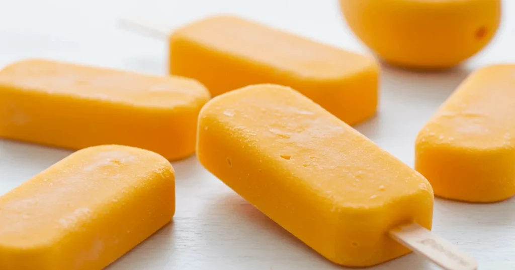 Vibrant orange mango ice cream bars on a clean, bright background, glossy and ultra-smooth, designed to grab attention.
