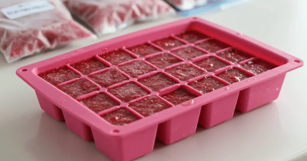 Strawberry puree frozen into ice cube trays, ready for storage in labeled freezer bags.