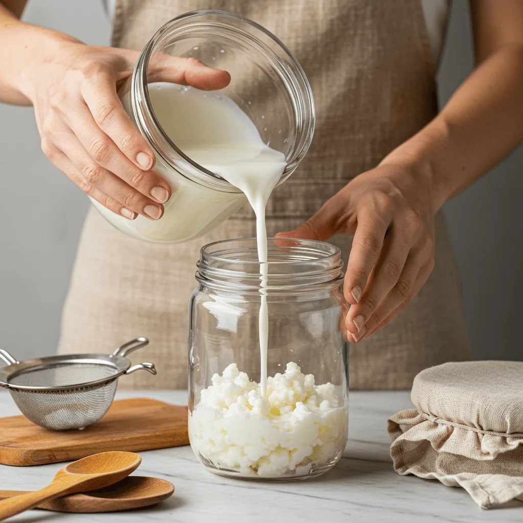 A person preparing raw milk and kefir grains in a glass jar