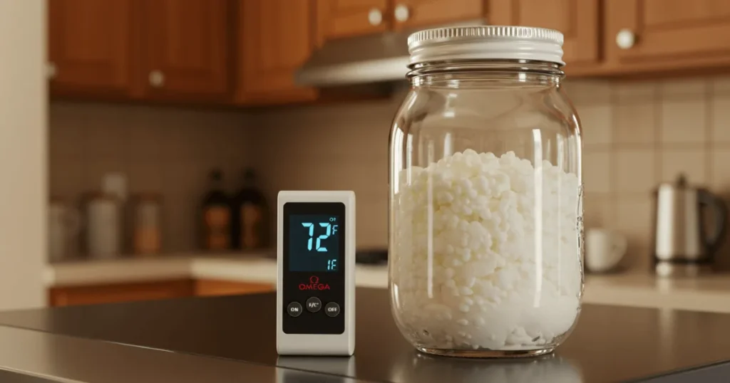 Raw kefir fermenting in a jar on top of a fridge beside a digital thermometer showing ideal temperature.