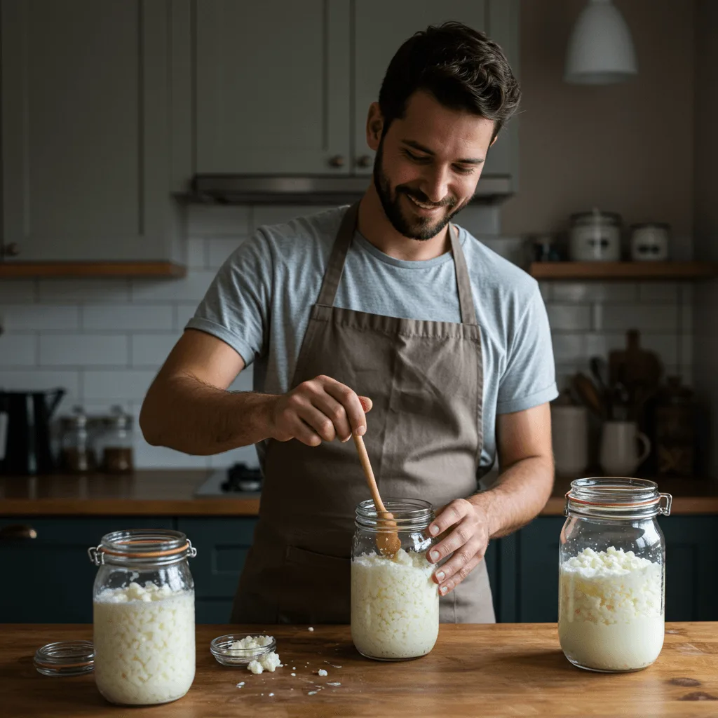 A man stirring kefir in a jar while smiling in the kitchen.