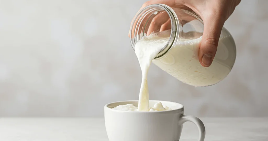 Thick, creamy raw kefir being poured from a jar into a cup, showing ideal texture and consistency.