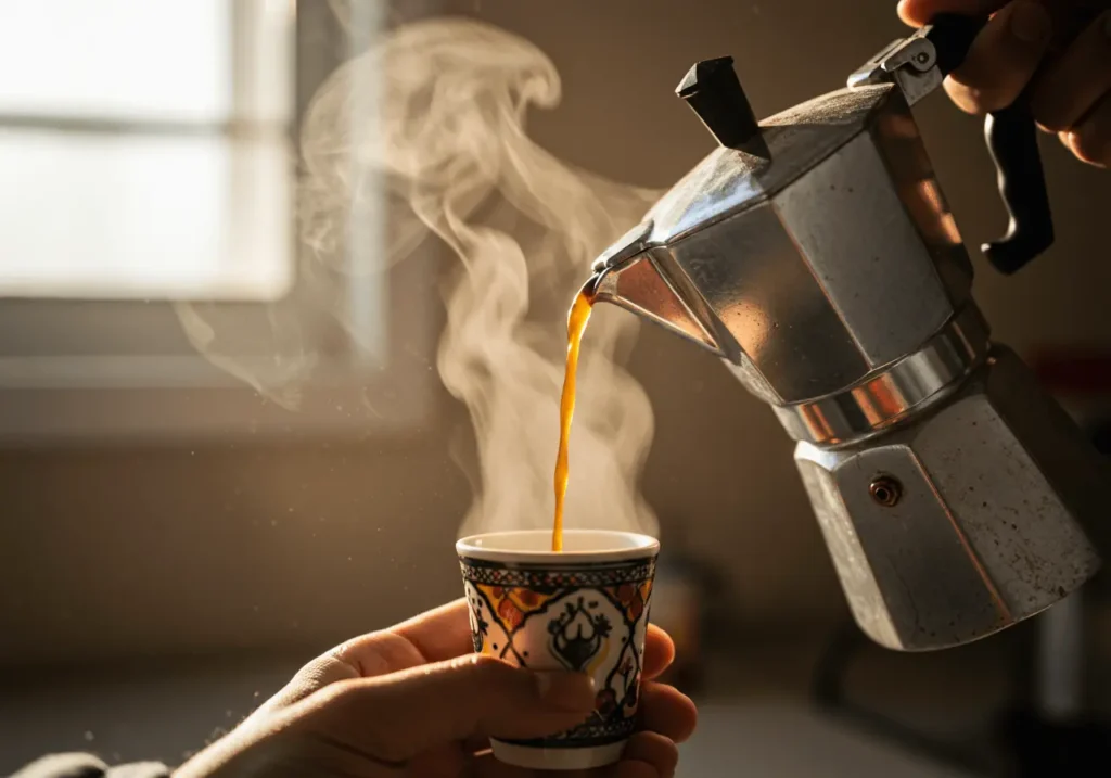 A person brewing Yemeni coffee using a moka pot or ibrik.