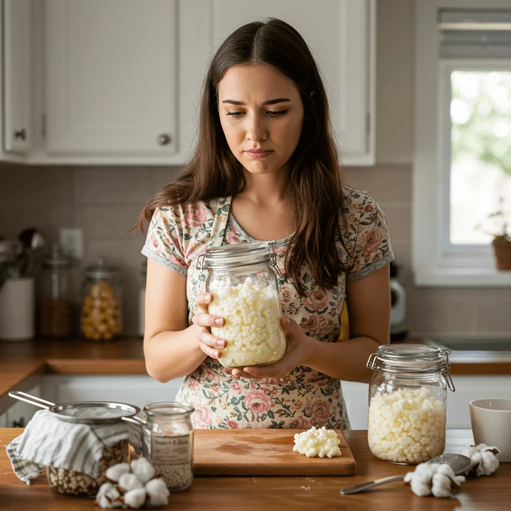 A worried woman checking her jar for signs of spoilage