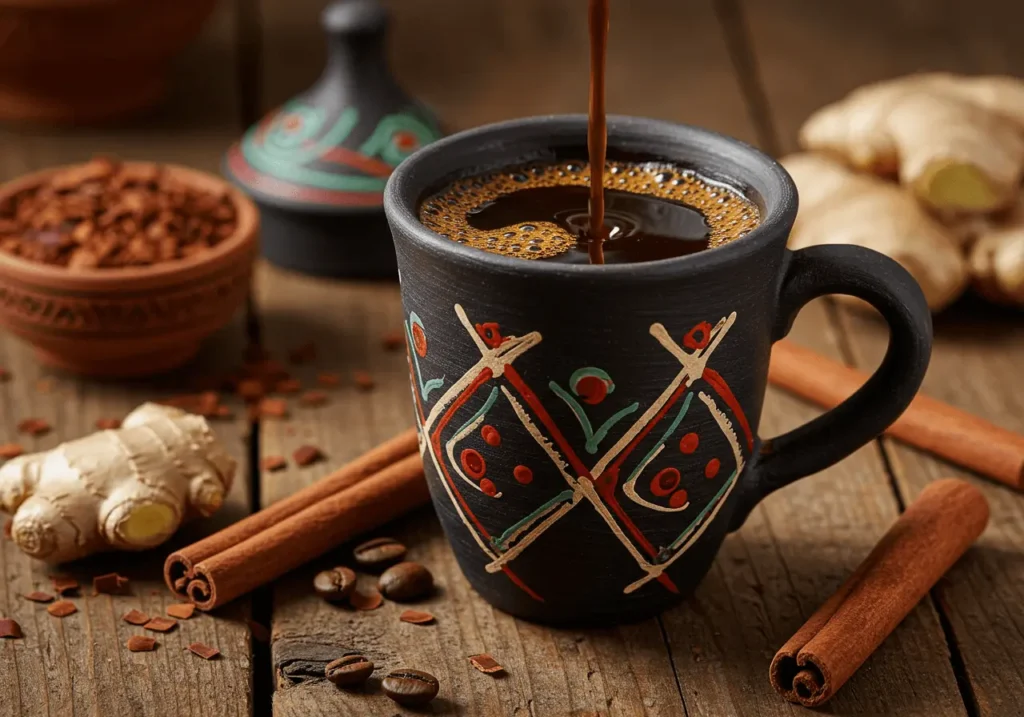 A steaming cup of qishr coffee made from coffee husks, ginger, and spices.