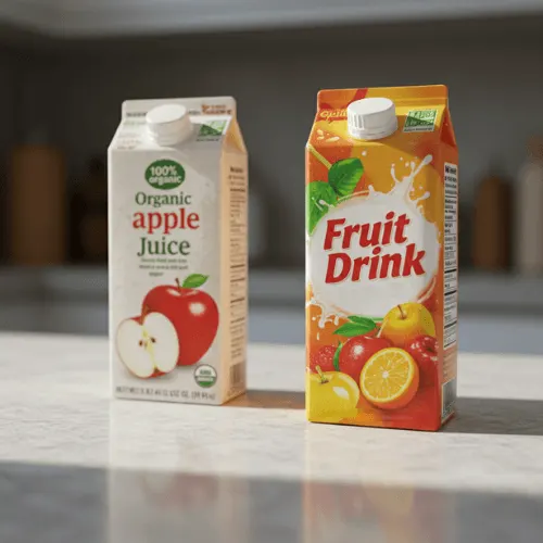 A side-by-side comparison of a clean, healthy juice box and a flashy sugar-loaded one—highlighting the difference between quality and marketing.