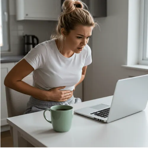 A woman looking uncomfortable while reading online detox tea reviews, holding her stomach.