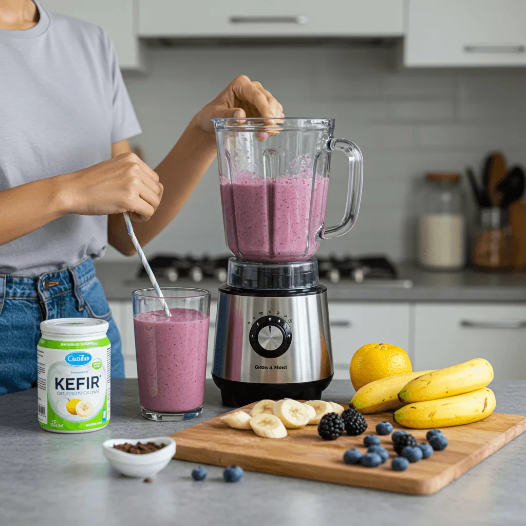 A person making a kefir smoothie with fresh fruit in a blender