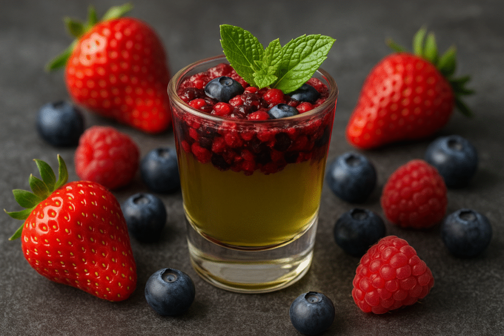 A sweet and antioxidant-rich berry green tea shot with mixed berries and lemon.