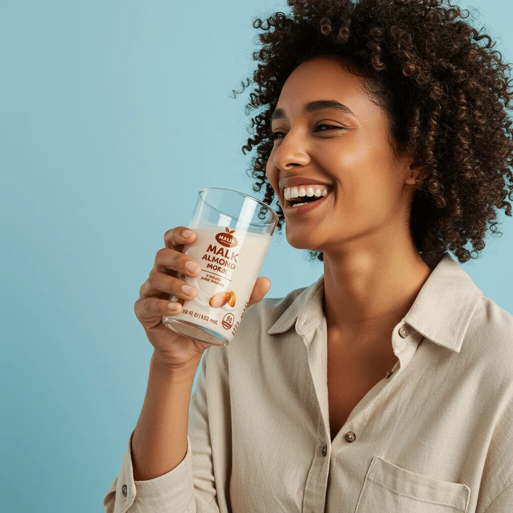 A happy person drinking a glass of MALK Almond Milk