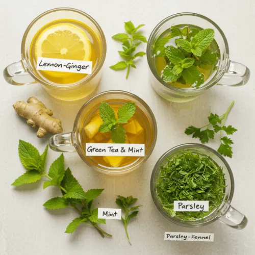 Homemade herbal teas like lemon-ginger, green tea, and fennel-parsley displayed with fresh ingredients.