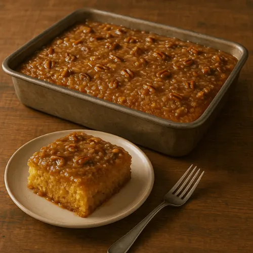 Rich Southern fruit cocktail cake topped with buttery coconut-pecan sauce, golden brown and moist, served warm in a rustic setting.