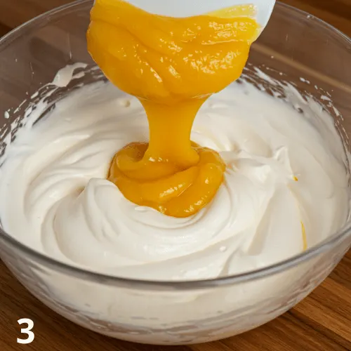 Gently folding mango purée into whipped cream with a spatula for a smooth blend.
