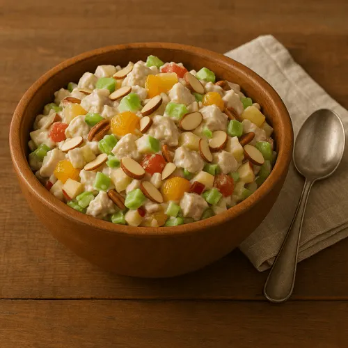 Homemade chicken salad with fruit cocktail, apples, celery, and almonds in a creamy dressing, served in a rustic bowl with fresh, wholesome ingredients.