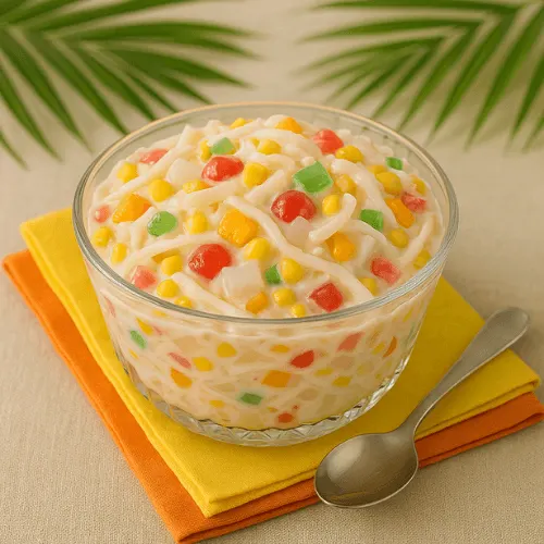 Refreshing almond jelly cubes served with colorful fruit cocktail and milk drizzle in a chilled glass bowl, perfect for summer.