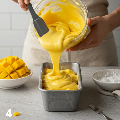 Mango ice cream mix being poured into silicone molds and leveled for freezing.