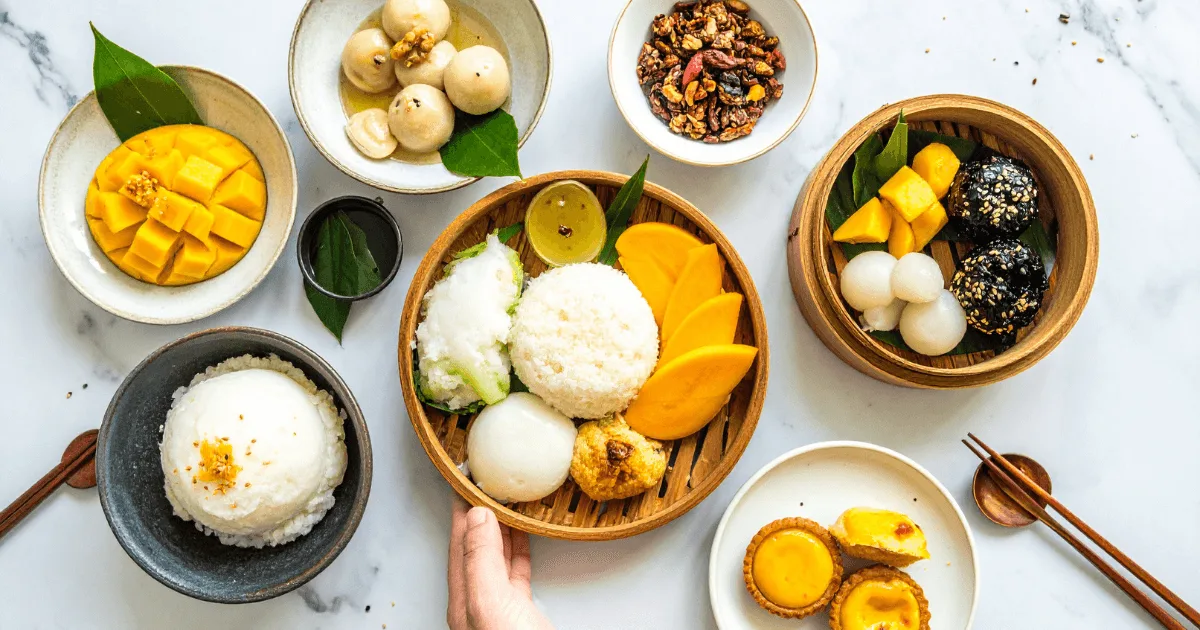A beautifully styled table with six popular Asian desserts—mango sticky rice, mochi, halo-halo, sesame balls, bingsu, and egg tarts—shot overhead with natural light for a fresh, modern look.
