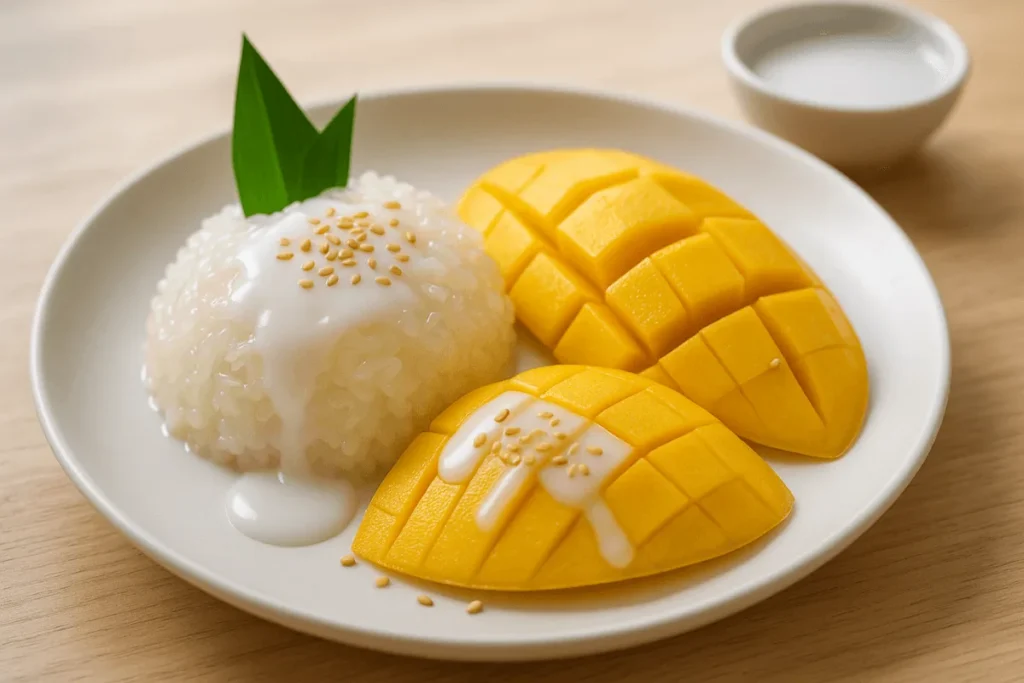 Thai mango sticky rice with glossy coconut cream and toasted sesame seeds, served on a white plate with ripe mango slices