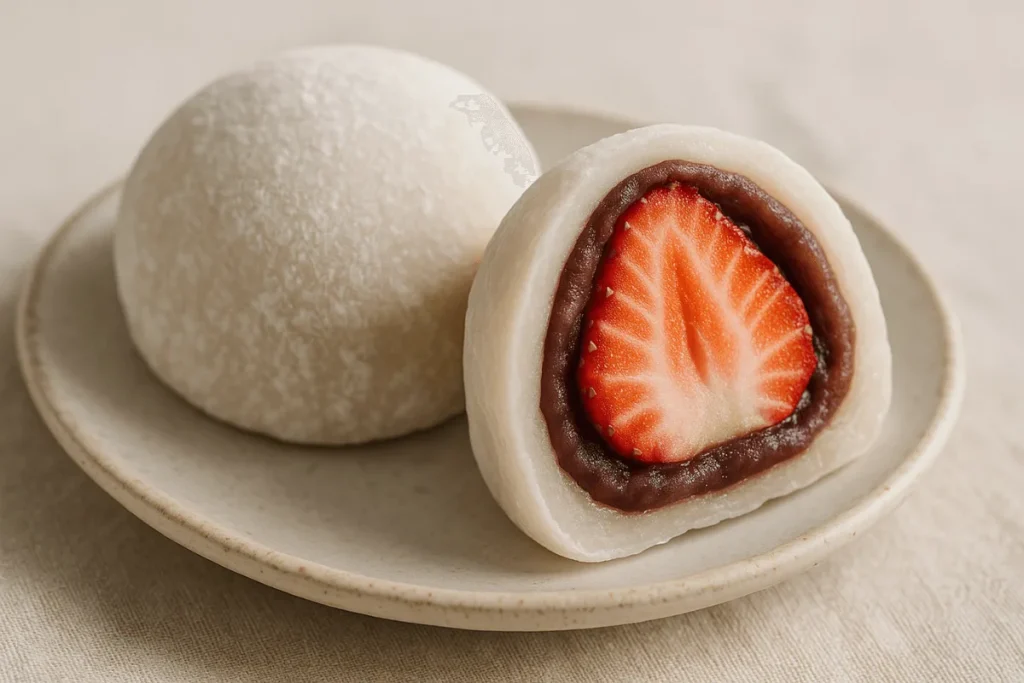 Soft Japanese strawberry mochi filled with red bean paste, lightly dusted and styled on minimalist ceramics.