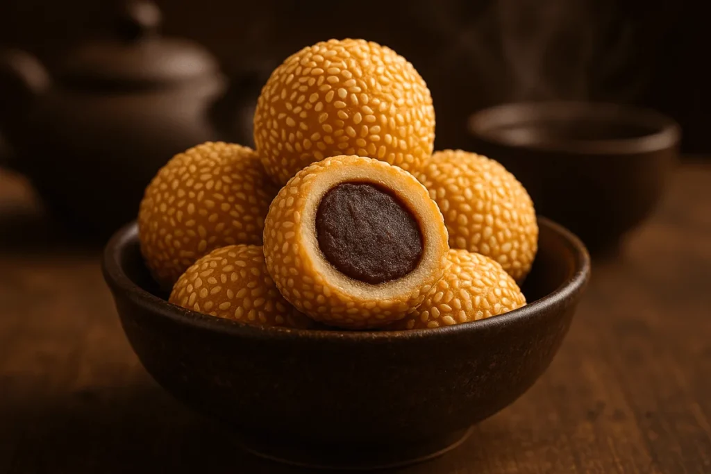 Crispy Chinese sesame balls in a bamboo basket, with one cut open to show the red bean paste filling.