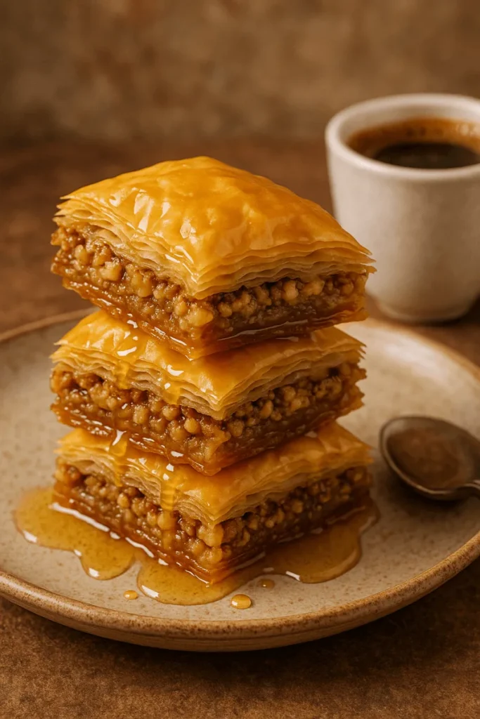 Traditional Greek Baklava made with layers of phyllo, walnuts, and honey syrup, cut into diamond shapes.
