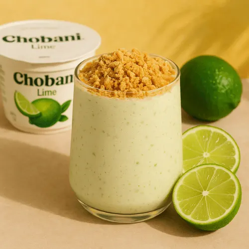 Chobani Lime Greek Yogurt smoothie topped with crushed graham crackers and lime wedges.