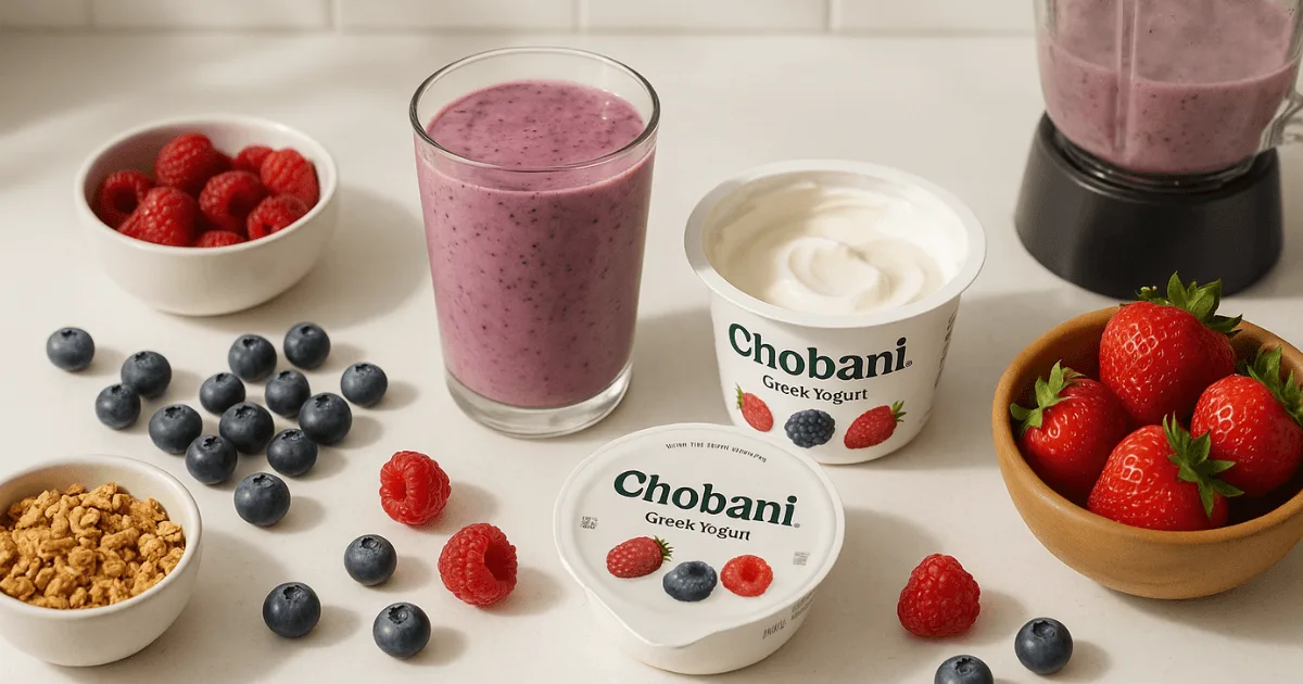 Mixed berry smoothie made with Chobani Greek Yogurt next to fresh fruit and yogurt tub on a kitchen counter.