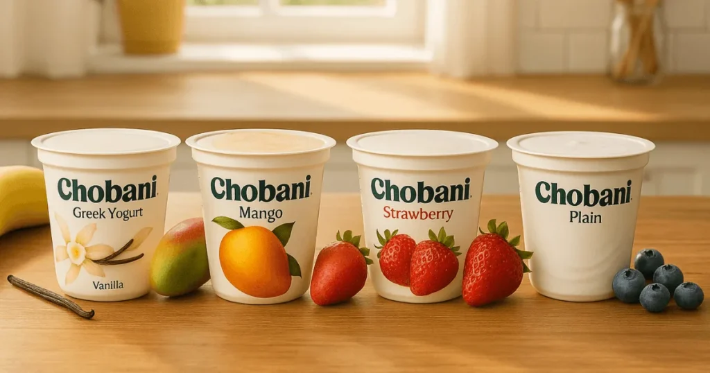 Chobani Greek Yogurt tubs in different flavors with fresh fruits on a wooden table.