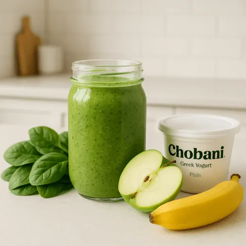 A vibrant green smoothie made with Chobani Greek Yogurt, spinach, banana, and green apple.