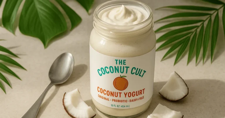 A jar of Coconut Cult yogurt opened on a wooden table with a wooden spoon and coconut pieces beside it, highlighting its creamy texture and tropical origin.