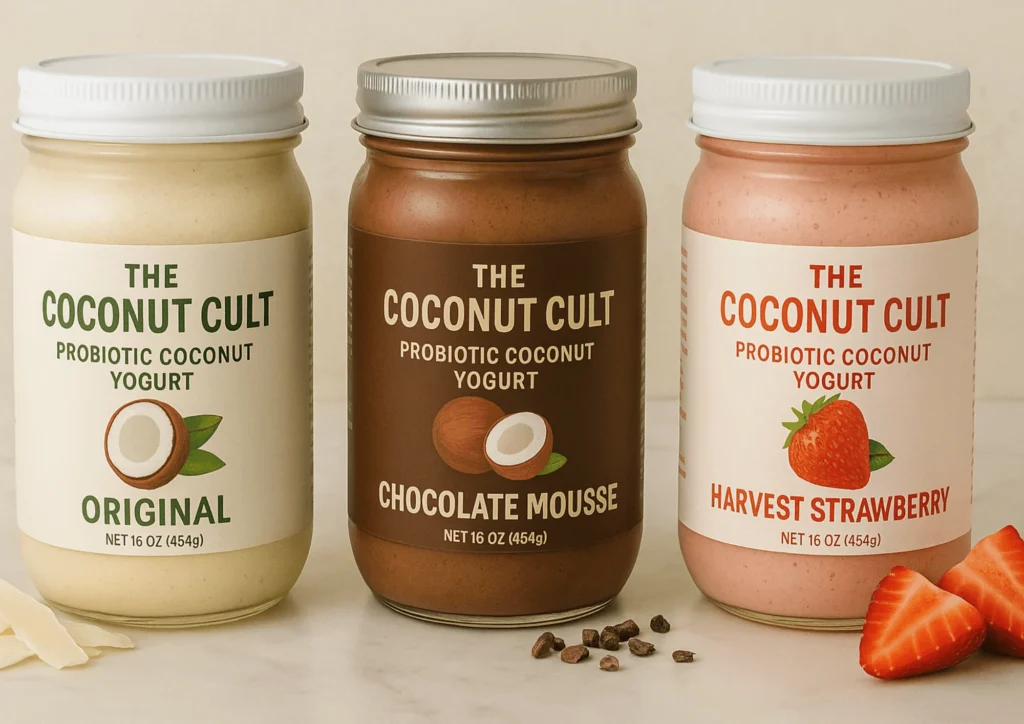 A lineup of Coconut Cult yogurt jars in various flavors, including Original, Chocolate Mousse, and Harvest Strawberry, displayed neatly on a counter.