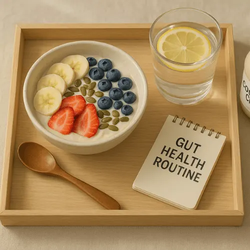 A morning wellness setup featuring Coconut Cult yogurt with fresh toppings, promoting healthy gut habits.