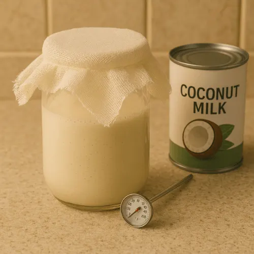 A glass jar fermenting homemade coconut yogurt using Coconut Cult as a starter, with visible kitchen ingredients.