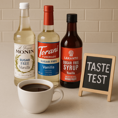 Bottles of Monin, Torani Pure Made, and Lakanto sugar free coffee syrups with a cup of coffee and a taste test setup.