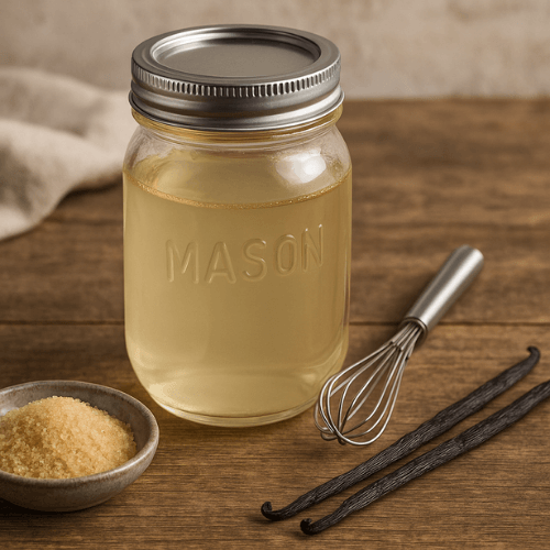 Homemade sugar free vanilla syrup in a mason jar with ingredients like monk fruit sweetener and vanilla bean on a rustic table.