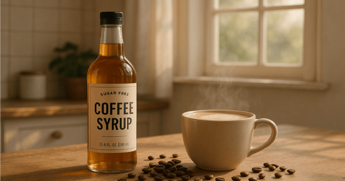 A cozy coffee setup with sugar free coffee syrup beside a fresh latte in a bright kitchen. Ideal for healthy morning routines.