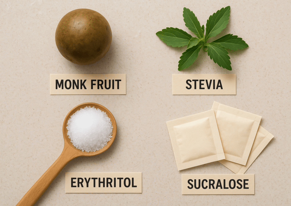 Various natural and artificial sweeteners like stevia, monk fruit, erythritol, and sucralose arranged with labels on a countertop.
