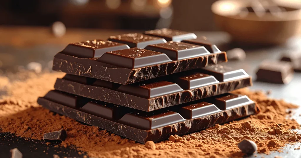 Rich dark chocolate bars stacked on a rustic table, perfect for an energy-boosting treat.