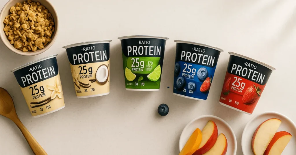 A top view of five Ratio Protein Yogurt cups with fresh ingredients on a clean kitchen counter.