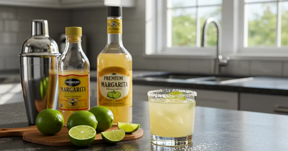Margarita essentials laid out on a kitchen counter with limes, tequila, and a premium mix ready for use.